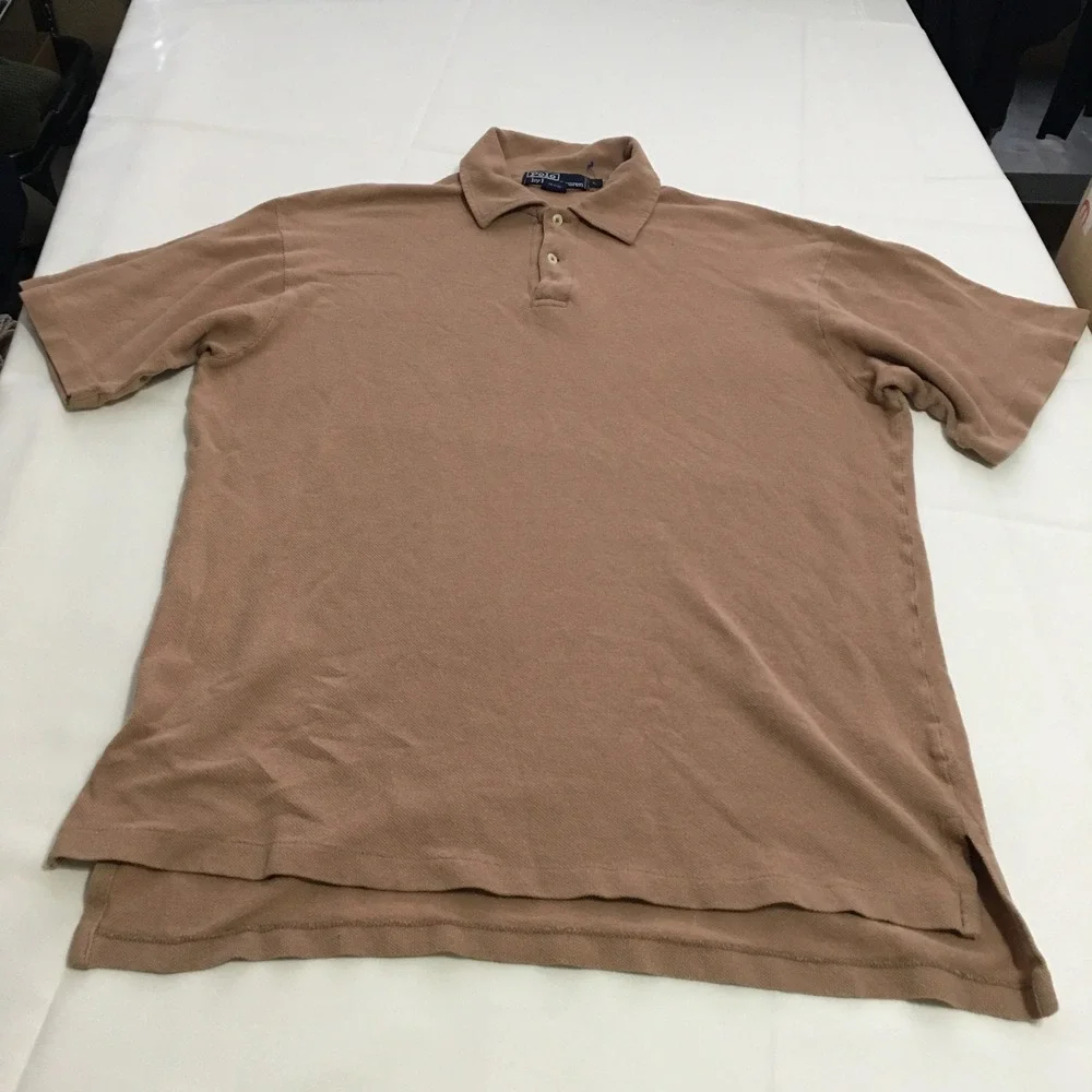 Polo Ralph Lauren Polo Shirt Mens Large Brown Linen Cotton Short Sleeve
